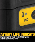 Close-up of a battery life indicator on a Compact Self Leveling Red Cross Line Laser Delivers Fast, Precise Layout For Walls, Cabinets, Tile, And Fixtures With A 165 Ft Range Using A Detector, IP54 Protection, And 1/8 In Accuracy At 30 Ft For Reliable Performance On Busy Construction Sites, displaying low battery and power symbols.