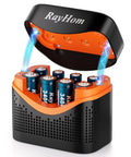 Eight Battery Pack With Charger 4 AA 3400mWh And 4 AAA 1100mWh in black and orange charger with open lid showing charging indicator.