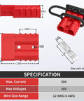 Diagram of red Four Pack 50 Amp Battery Quick Connect Disconnect Connector Kit For 6 To 12 AWG Cable 600V Wire Harness Plug specifications.