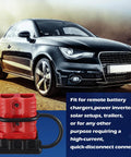 Car with Six Piece Beefy 2 To 4 Gauge 175 Amp Battery Quick Connector Kit 12 To 36V Wire Harness Plug shown at the foreground.