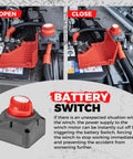 Battery switch for 12000lb New Waterproof Electric Steel Rope Winch 12V with open and close positions shown.