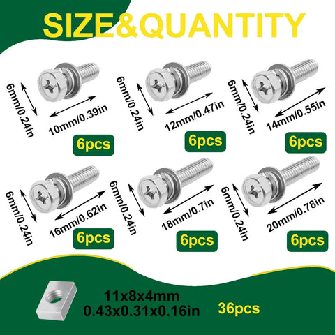 72Pcs Battery Terminal Bolts and Nuts Set M6 10 12 14 16 18 20mm 304 Stainless Steel With Square Nuts For ATV Scooter, showing bolt sizes and quantities