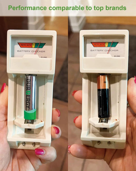 AA And AAA Battery Combo Pack 102 Count Alkaline 1.5V For Remotes showing battery checker performance of different brands