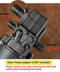 bayite 12V DC Water Transfer Pump with 2 hose clamps, showing inlet and outlet ports, note on power adapter
