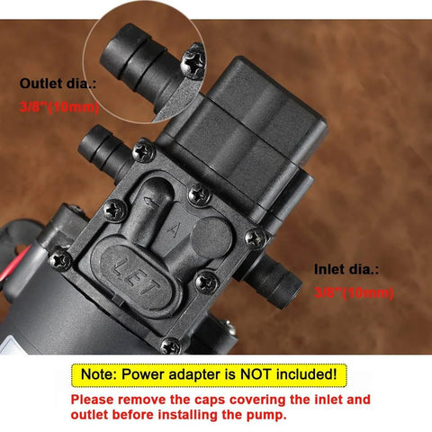 bayite 12V DC Water Transfer Pump with 2 hose clamps, showing inlet and outlet ports, note on power adapter