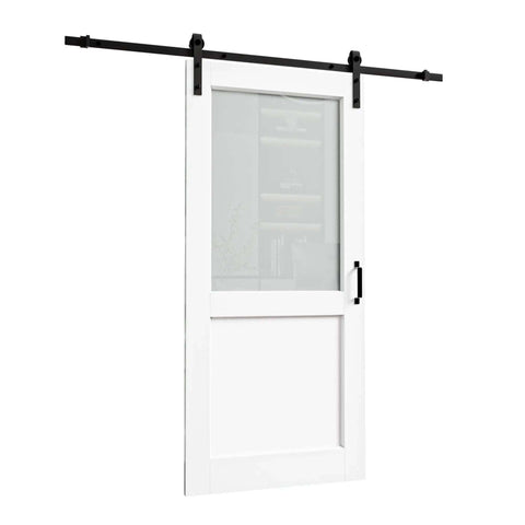 Half Frosted Glass Upper Panel Sliding Barn Door With White Primed Solid Wood And Hardware Kit 36 By 80 Inches No Fuss Install