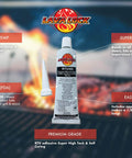 Black Food Safe BBQ Adhesive For High Temperature Grills Smokers And Wood Stoves 3 Oz RTV Silicone Sealant tube on a grill