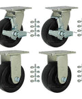 BBQ Pit 5" Polyolefin Casters Kit with Mounting Hardware, 2,000 Lbs. Total Capacity with swivel and rigid wheels