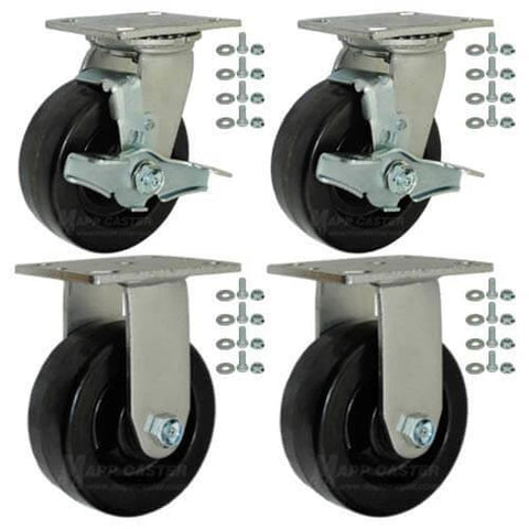 BBQ Pit Caster Set | 5" Phenolic Caster Kit with Mounting Hardware, 4 casters and mounting bolts shown