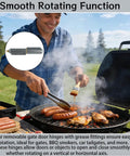 Man grilling sausages and chicken with BBQ grill, inset showing 12 Pcs 4 Inch BBQ Smoker Bullet Weld On Bullet Hinges Heavy Duty Weldable Barrel Hinges