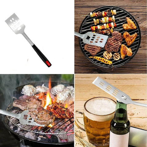 Heavy-Duty Tool Set,Stainless Steel Heat-Resistant Accessories,Non-Slip Handle,Outdoor Camping with grill scene and drink