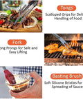 Heavy-Duty Tool Set,Stainless Steel Heat-Resistant Accessories,Non-Slip Handle,Outdoor Camping with tongs, fork, and basting brush in use