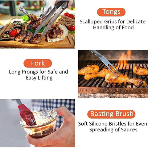 Heavy-Duty Tool Set,Stainless Steel Heat-Resistant Accessories,Non-Slip Handle,Outdoor Camping with tongs, fork, and basting brush in use