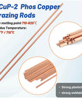 BCuP-2 Phos Copper Brazing Rods for HVAC, low melting point 710-820°C, used for strong plasticity and weldability shown in detail.