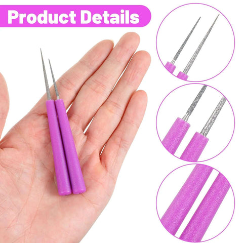 2 Pack Bead Reamer Set With Purple Handles For Jewelry Making Pro Grade Enlarge And Smooth Holes In Glass Wood Plastic And Metal Beads Quick Clean Burr Free Tool For Pearls Ceramic Stone Reaming, shown with precision tips and stainless shafts in hand.