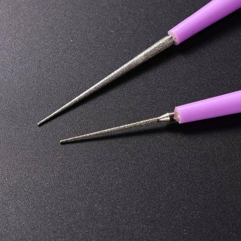 Close-up of the Bead Hole Reamer Tool For Jewelry Making By EXCEART Pro Grade Hole Enlarger, featuring fine tips and purple handles.