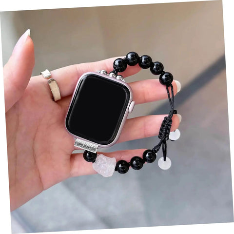 Smartwatch with bead-style strap and silver adapter, illustrating effortless installation of 10 Pack Watch Strap Connecting Adapters For Smartwatch Alloy