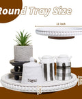 12 Inch Beaded Wooden Lazy Susan Organizer For Farmhouse Tables And Kitchen Counters with decor and utensils displayed