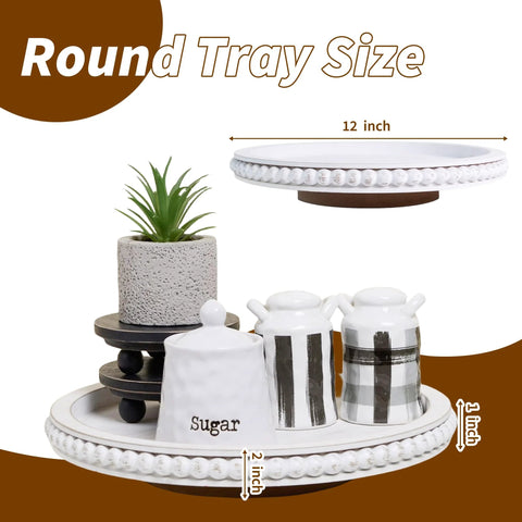 12 Inch Beaded Wooden Lazy Susan Organizer For Farmhouse Tables And Kitchen Counters with decor and utensils displayed