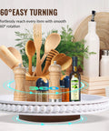 12 Inch Beaded Wooden Lazy Susan Organizer with utensils and bottles, farmhouse round turntable for kitchen counter, 360 degree rotating.