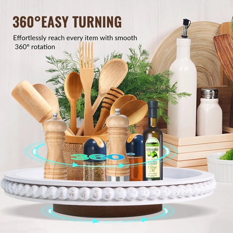 12 Inch Beaded Wooden Lazy Susan Organizer with utensils and bottles, farmhouse round turntable for kitchen counter, 360 degree rotating.