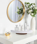 12 Inch Beaded Wooden Lazy Susan Organizer For Farmhouse Tables And Kitchen Counters holding cosmetics