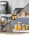 Before and after organizing with 12 Inch Beaded Wooden Lazy Susan Organizer For Farmhouse Tables And Kitchen Counters