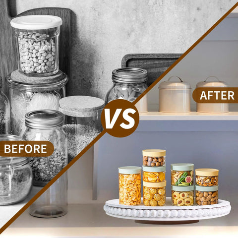 Before and after organizing with 12 Inch Beaded Wooden Lazy Susan Organizer For Farmhouse Tables And Kitchen Counters
