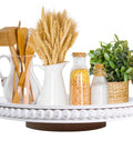 12 Inch Beaded Wooden Lazy Susan Organizer For Farmhouse Tables And Kitchen Counters with decor items, 360 degree rotation