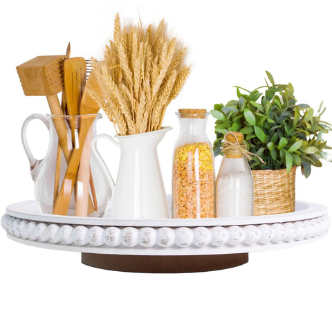 12 Inch Beaded Wooden Lazy Susan Organizer For Farmhouse Tables And Kitchen Counters with decor items, 360 degree rotation