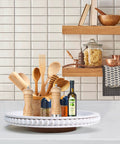 12 Inch Beaded Wooden Lazy Susan Organizer For Farmhouse Tables And Kitchen Counters, spinning tray with condiments and utensils