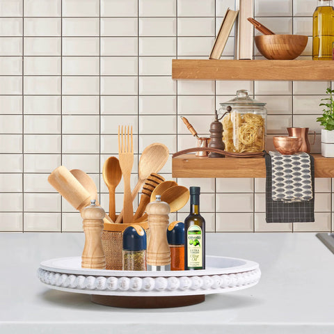 12 Inch Beaded Wooden Lazy Susan Organizer For Farmhouse Tables And Kitchen Counters, spinning tray with condiments and utensils
