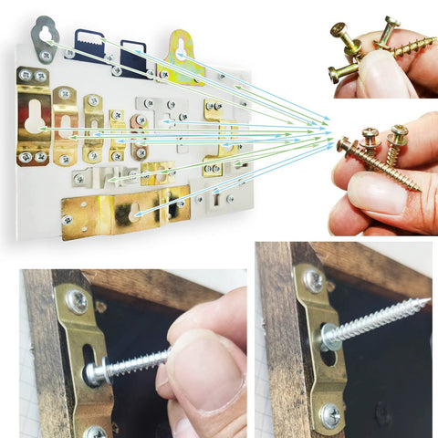 Double-Headed Bear Claw Picture Hanging Screw Hook Set For Drywall And Wood Studs shown with hands holding screws and installation