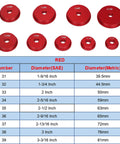 Red bearing adapters from Bearing Press Kit, Bearing Race and Seal Driver Set with size chart showing 63mm to 81mm dimensions.