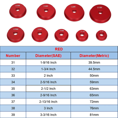 Red bearing adapters from Bearing Press Kit, Bearing Race and Seal Driver Set with size chart showing 63mm to 81mm dimensions.