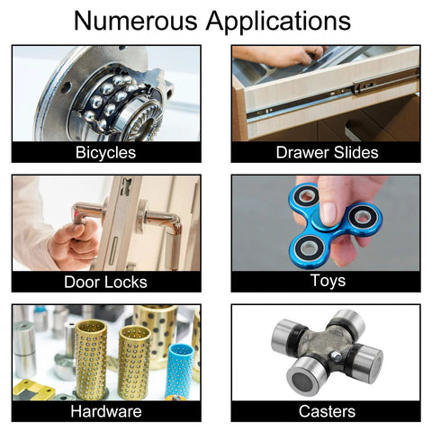 Numerous applications for 10 Pack 1/2 Inch Precision Chrome Steel Ball Bearings G25 AISI 52100 in bicycles, drawer slides, and more.