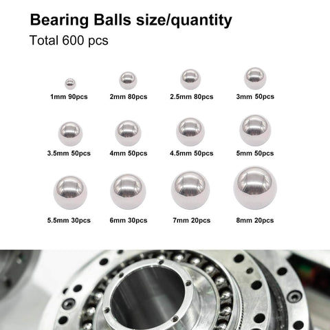 Size chart of bearing balls for 600-pack utility cart, including 8 mm ball sizes, stainless steel bearings, total of 600 pieces.