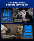 2 in 1 Blind Hole Bearing Puller & Bushing Press Kit with blue tool case, bearing puller, and driver tool kit in use