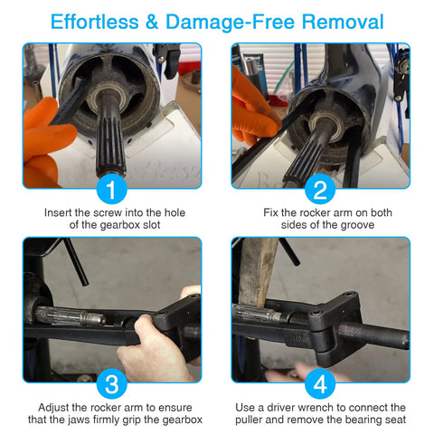 Steps showing use of Outboard Bearing Carrier Puller With Adjustable Arms For Yamaha Johnson Evinrude Mercury Honda Mercruiser And Other Gearcases 115 HP And Above Not Compatible With Verado Ideal For Bearing Seat Oil Seal And Related Component Disassembly.