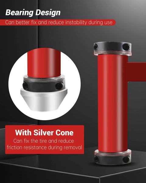 Close-up of Bearing Manual Tire Changer Duck Head Adapter Kit with Silver Cone, featuring red cylindrical design and black fittings