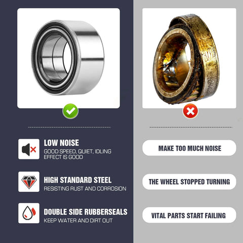 Comparison of new high standard steel bearing with double side seals and worn out bearing for Rear Left And Right CV Axle And Wheel Bearing Kit For Polaris RZR S 900 And RZR 4 900 EPS RZR Trail S 900 And 1000 General 1000 EPS And 4 1000 EPS 2015 2016 2017 2018 2019 2020 2021 2022 60 Inch CV Axle Heavy Duty Replacement With Bearings And Seals.