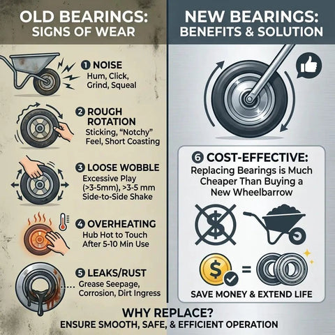 Comparison infographic of old and new bearings, showing signs of wear and benefits of replacing with new, cost-effective bearings.
