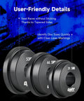 Close-up of Bearing Press Kit, 10pc Bearing Race and Seal Driver Set showing three black adapters with size markings on a blue background.