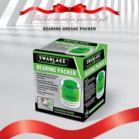 Box of Premium Bearing Packer Kit, Portable Handy Wheel Bearing Packer Tool shown on a shelf with product details visible.