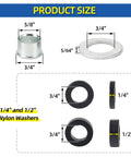 Product dimensions of Bearing Bore Hole And Hub Length Adjustment Hardware Kit with flanged sleeves, steel and nylon washers.