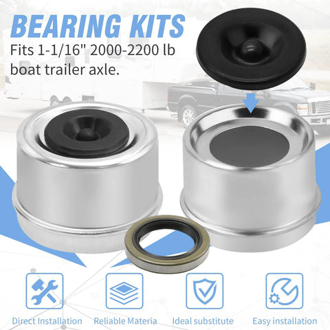 Boat trailer axle bearing kit with 1-1/16 inch cap and seal, suitable for 2000-2200 lb axles, front view of components.
