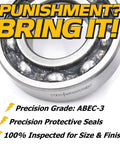 Close-up of Beefed-Up Front Wheel Bearing Kit Four Pack With C3 High Temp Grease Upgrade For John Deere Gator Turf, showing precision grade, protective seals, and HD Switch branding.