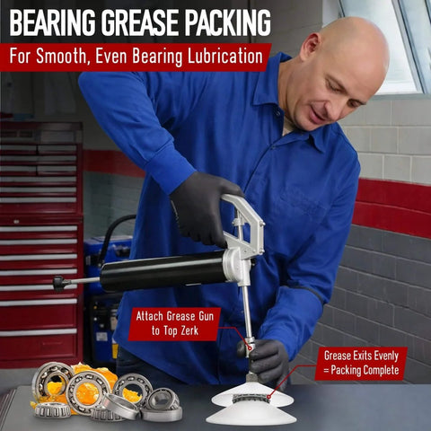 Mechanic using Heavy Duty Seal Puller Tool And Bearing Packer Kit For Wheel Hubs 2 In 1 Pro Grade Universal Gasket Remover Set