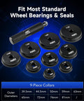 Bearing Press Kit, 10pc Bearing Race and Seal Driver Set components with 9 bearing adapters and handle, shown against blue background