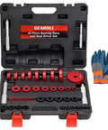 Open case showing 43 Piece Bearing Press Kit, Bearing Race and Seal Driver Set with gloves, for scooter and luggage wheels.